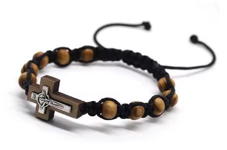 Catholic Cross Bracelet - Rosary Wooden Beads