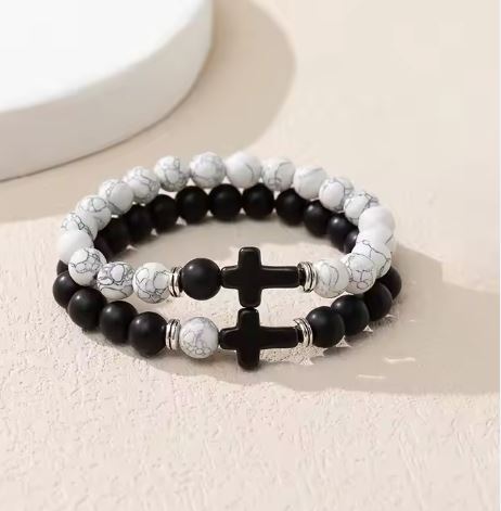 Natural Stone Obsidian Cross Bracelet