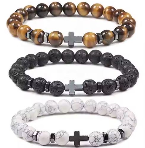 Christian Stainless Steel Bracelet - Beaded Cross Crystal Healing Gemstone