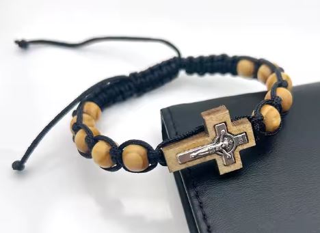 Catholic Cross Bracelet - Rosary Wooden Beads