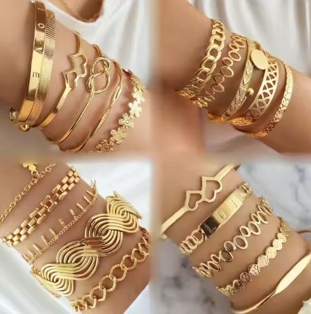 Gold Metal Geometric Charm Bangle Bracelet