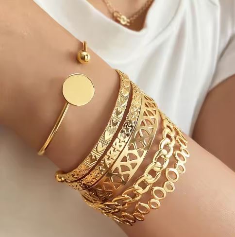 Gold Metal Geometric Charm Bangle Bracelet